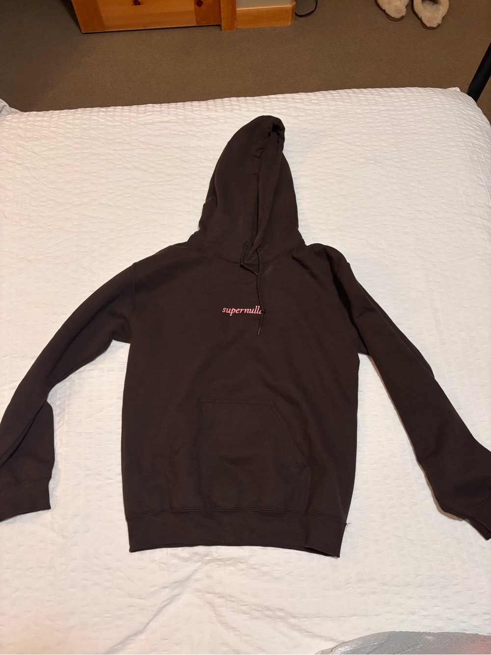 Brown Hoodie with Pink "supernulla" Embroidered Script